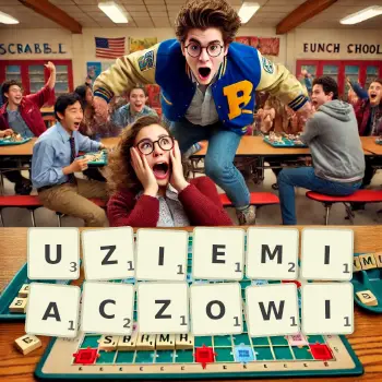 Kreatywna ilustracja do gry w Scrabble ze słowem UZIEMIACZOWI ułożonym z płytek na planszy.