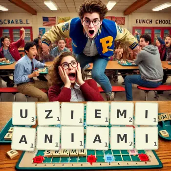 Kreatywna ilustracja do gry w Scrabble ze słowem UZIEMIANIAMI ułożonym z płytek na planszy.