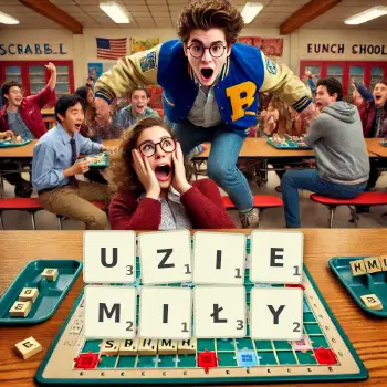 Kreatywna ilustracja do gry w Scrabble ze słowem UZIEMIŁY ułożonym z płytek na planszy.