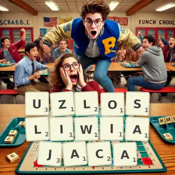 Kreatywna ilustracja do gry w Scrabble ze słowem UZLOSLIWIAJACA ułożonym z płytek na planszy.