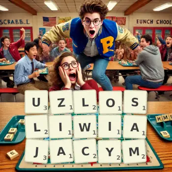 Kreatywna ilustracja do gry w Scrabble ze słowem UZLOSLIWIAJACYM ułożonym z płytek na planszy.