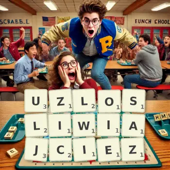 Kreatywna ilustracja do gry w Scrabble ze słowem UZLOSLIWIAJCIEZ ułożonym z płytek na planszy.