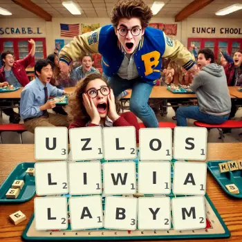 Kreatywna ilustracja do gry w Scrabble ze słowem UZLOSLIWIALABYM ułożonym z płytek na planszy.