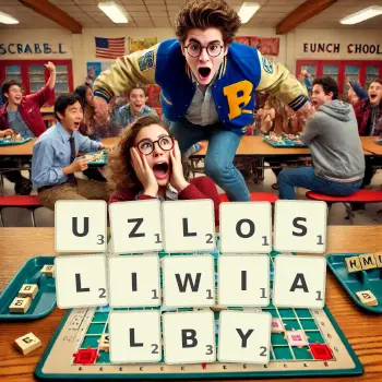 Kreatywna ilustracja do gry w Scrabble ze słowem UZLOSLIWIALBY ułożonym z płytek na planszy.