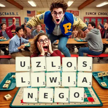 Kreatywna ilustracja do gry w Scrabble ze słowem UZLOSLIWIANEGO ułożonym z płytek na planszy.