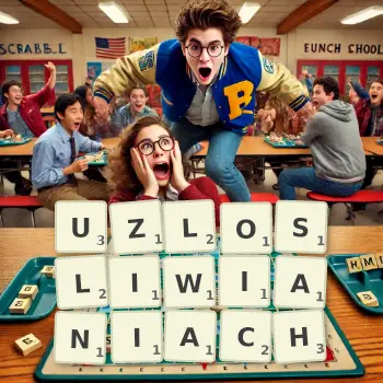 Kreatywna ilustracja do gry w Scrabble ze słowem UZLOSLIWIANIACH ułożonym z płytek na planszy.