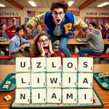 Kreatywna ilustracja do gry w Scrabble ze słowem UZLOSLIWIANIAMI ułożonym z płytek na planszy.