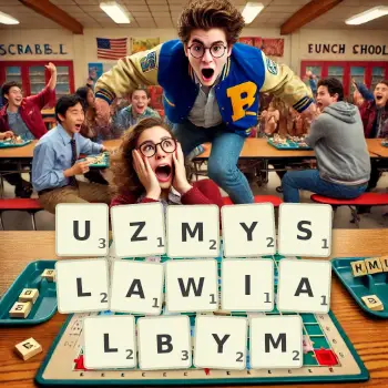 Kreatywna ilustracja do gry w Scrabble ze słowem UZMYSLAWIALBYM ułożonym z płytek na planszy.