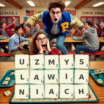 Kreatywna ilustracja do gry w Scrabble ze słowem UZMYSLAWIANIACH ułożonym z płytek na planszy.