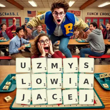 Kreatywna ilustracja do gry w Scrabble ze słowem UZMYSLOWIAJACEJ ułożonym z płytek na planszy.