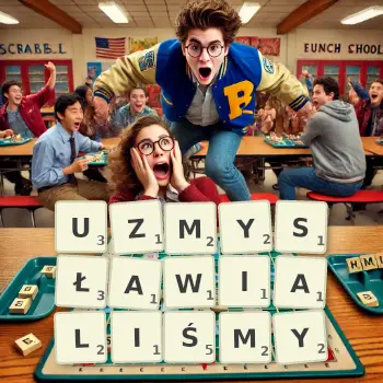 Kreatywna ilustracja do gry w Scrabble ze słowem UZMYSŁAWIALIŚMY ułożonym z płytek na planszy.