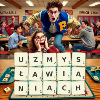 Kreatywna ilustracja do gry w Scrabble ze słowem UZMYSŁAWIANIACH ułożonym z płytek na planszy.