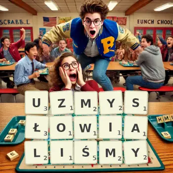 Kreatywna ilustracja do gry w Scrabble ze słowem UZMYSŁOWIALIŚMY ułożonym z płytek na planszy.