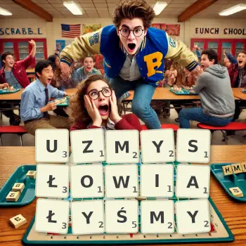 Kreatywna ilustracja do gry w Scrabble ze słowem UZMYSŁOWIAŁYŚMY ułożonym z płytek na planszy.