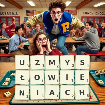 Kreatywna ilustracja do gry w Scrabble ze słowem UZMYSŁOWIENIACH ułożonym z płytek na planszy.