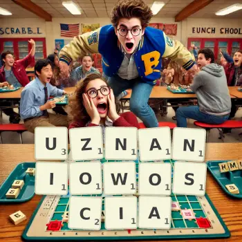 Kreatywna ilustracja do gry w Scrabble ze słowem UZNANIOWOSCIA ułożonym z płytek na planszy.