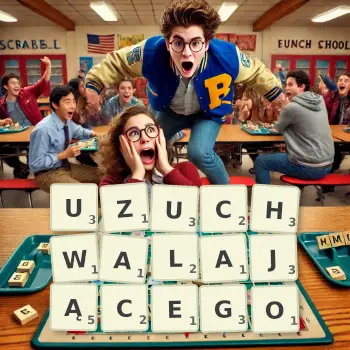 Kreatywna ilustracja do gry w Scrabble ze słowem UZUCHWALAJĄCEGO ułożonym z płytek na planszy.