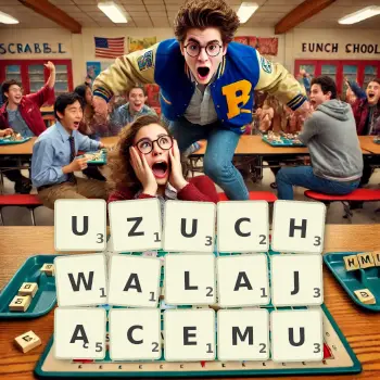 Kreatywna ilustracja do gry w Scrabble ze słowem UZUCHWALAJĄCEMU ułożonym z płytek na planszy.