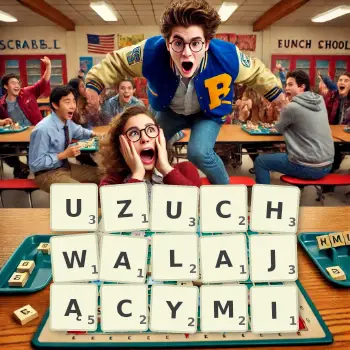 Kreatywna ilustracja do gry w Scrabble ze słowem UZUCHWALAJĄCYMI ułożonym z płytek na planszy.