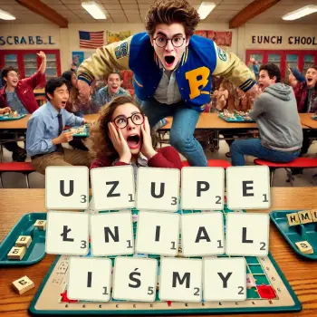 Kreatywna ilustracja do gry w Scrabble ze słowem UZUPEŁNIALIŚMY ułożonym z płytek na planszy.