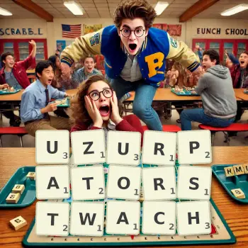 Kreatywna ilustracja do gry w Scrabble ze słowem UZURPATORSTWACH ułożonym z płytek na planszy.