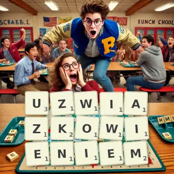 Kreatywna ilustracja do gry w Scrabble ze słowem UZWIAZKOWIENIEM ułożonym z płytek na planszy.