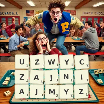 Kreatywna ilustracja do gry w Scrabble ze słowem UZWYCZAJNIAJMYZ ułożonym z płytek na planszy.