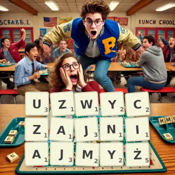 Kreatywna ilustracja do gry w Scrabble ze słowem UZWYCZAJNIAJMYŻ ułożonym z płytek na planszy.