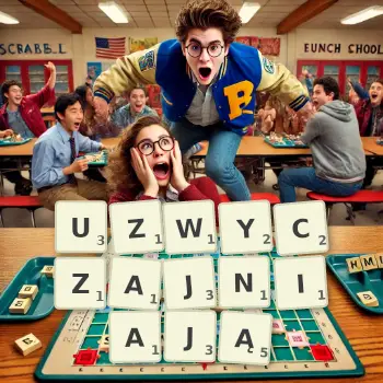 Kreatywna ilustracja do gry w Scrabble ze słowem UZWYCZAJNIAJĄ ułożonym z płytek na planszy.