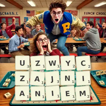 Kreatywna ilustracja do gry w Scrabble ze słowem UZWYCZAJNIANIEM ułożonym z płytek na planszy.