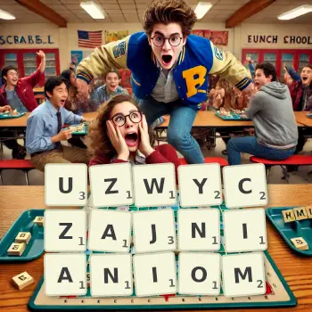 Kreatywna ilustracja do gry w Scrabble ze słowem UZWYCZAJNIANIOM ułożonym z płytek na planszy.