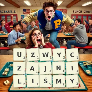 Kreatywna ilustracja do gry w Scrabble ze słowem UZWYCZAJNILIŚMY ułożonym z płytek na planszy.