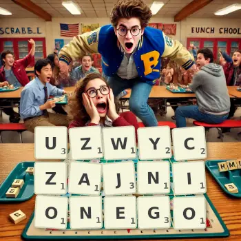 Kreatywna ilustracja do gry w Scrabble ze słowem UZWYCZAJNIONEGO ułożonym z płytek na planszy.