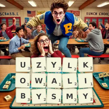 Kreatywna ilustracja do gry w Scrabble ze słowem UZYLKOWALIBYSMY ułożonym z płytek na planszy.