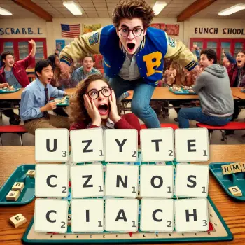 Kreatywna ilustracja do gry w Scrabble ze słowem UZYTECZNOSCIACH ułożonym z płytek na planszy.