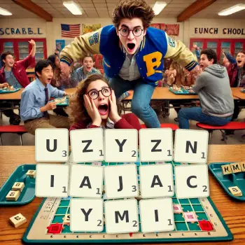 Kreatywna ilustracja do gry w Scrabble ze słowem UZYZNIAJACYMI ułożonym z płytek na planszy.