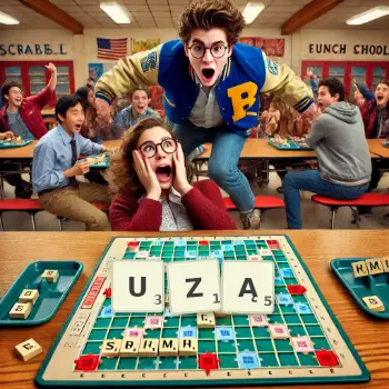 Kreatywna ilustracja do gry w Scrabble ze słowem UZĄ ułożonym z płytek na planszy.