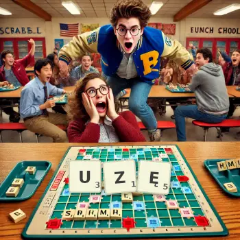 Kreatywna ilustracja do gry w Scrabble ze słowem UZĘ ułożonym z płytek na planszy.