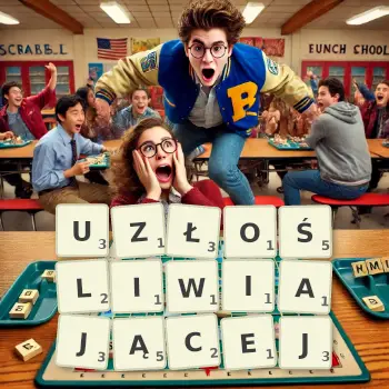 Kreatywna ilustracja do gry w Scrabble ze słowem UZŁOŚLIWIAJĄCEJ ułożonym z płytek na planszy.