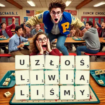 Kreatywna ilustracja do gry w Scrabble ze słowem UZŁOŚLIWIALIŚMY ułożonym z płytek na planszy.