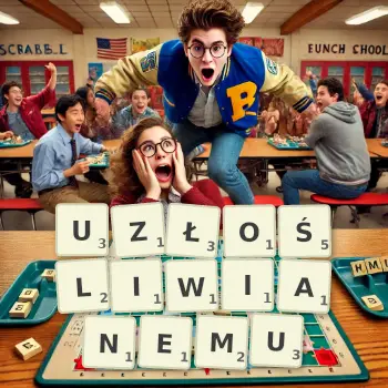 Kreatywna ilustracja do gry w Scrabble ze słowem UZŁOŚLIWIANEMU ułożonym z płytek na planszy.