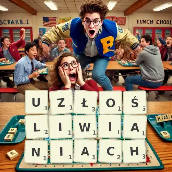 Kreatywna ilustracja do gry w Scrabble ze słowem UZŁOŚLIWIANIACH ułożonym z płytek na planszy.