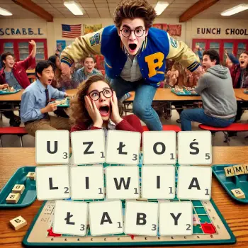 Kreatywna ilustracja do gry w Scrabble ze słowem UZŁOŚLIWIAŁABY ułożonym z płytek na planszy.