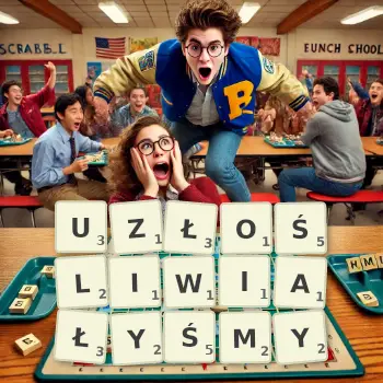Kreatywna ilustracja do gry w Scrabble ze słowem UZŁOŚLIWIAŁYŚMY ułożonym z płytek na planszy.