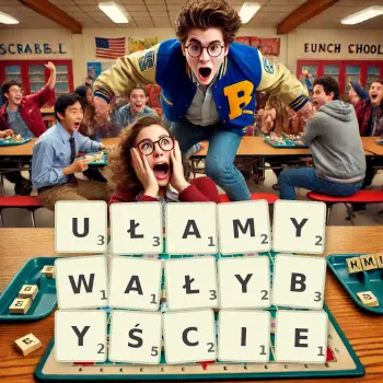 Kreatywna ilustracja do gry w Scrabble ze słowem UŁAMYWAŁYBYŚCIE ułożonym z płytek na planszy.