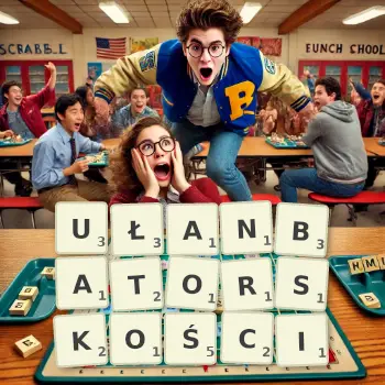 Kreatywna ilustracja do gry w Scrabble ze słowem UŁANBATORSKOŚCI ułożonym z płytek na planszy.