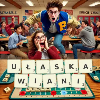 Kreatywna ilustracja do gry w Scrabble ze słowem UŁASKAWIANI ułożonym z płytek na planszy.