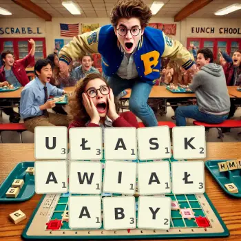 Kreatywna ilustracja do gry w Scrabble ze słowem UŁASKAWIAŁABY ułożonym z płytek na planszy.