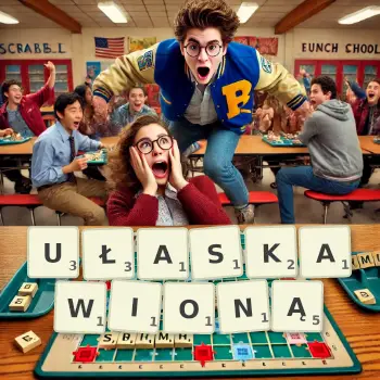 Kreatywna ilustracja do gry w Scrabble ze słowem UŁASKAWIONĄ ułożonym z płytek na planszy.