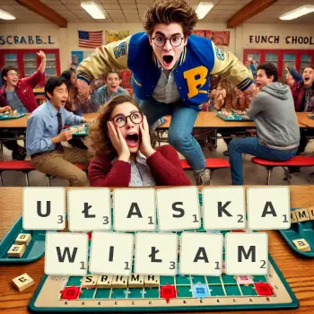 Kreatywna ilustracja do gry w Scrabble ze słowem UŁASKAWIŁAM ułożonym z płytek na planszy.